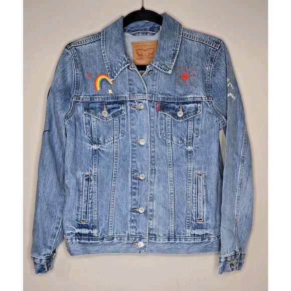 Levis Womens Embroidered Denim Jean Jacket San Francisco Rainbow Blue Size... - Picture 1 of 7